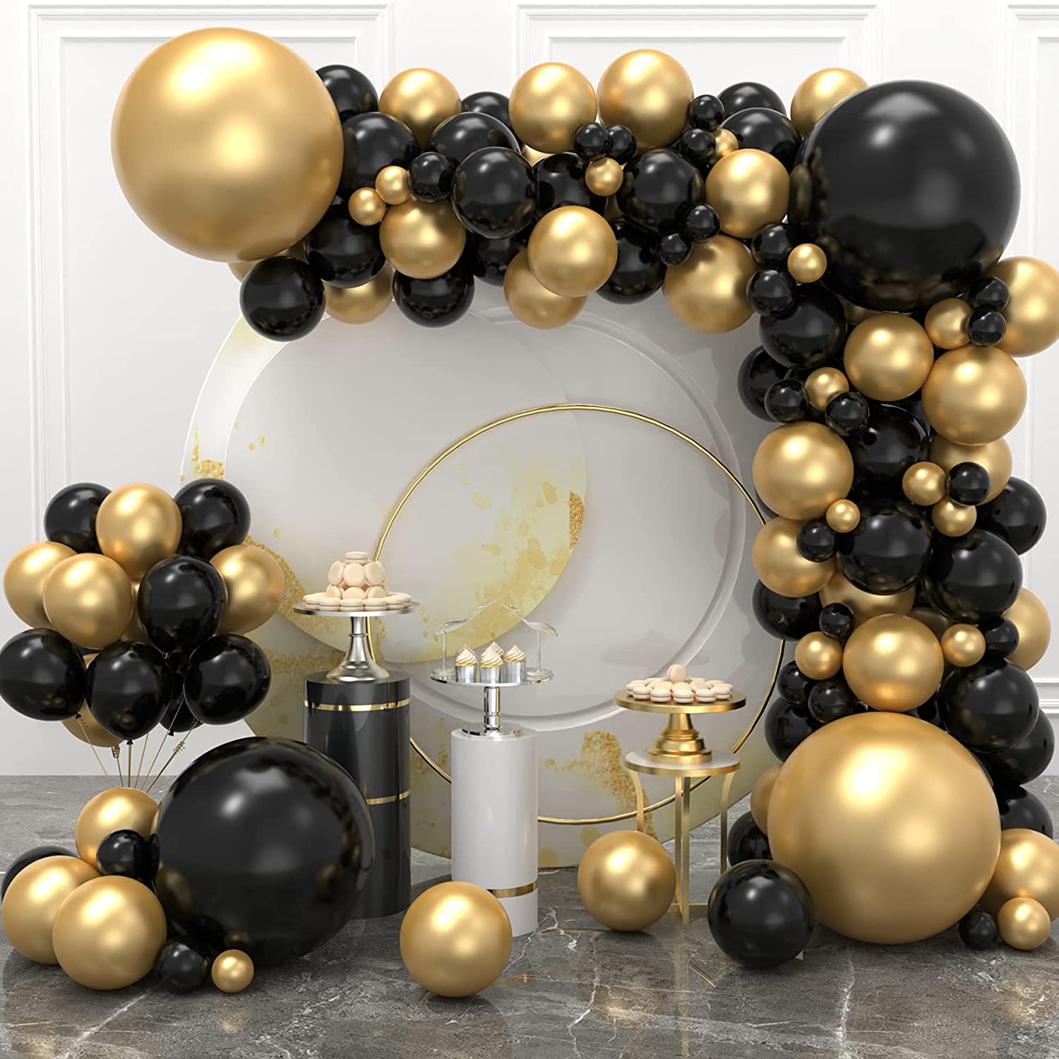 4 Sizes - Black White Gold Balloon Garland Kit & Arch for New Years, Graduation or Birthday - Small and Large Black and White Balloons with Gold