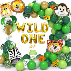 Wild One Birthday Decorations for Boys, 79pcs Wild One Balloons Kits with Artificial Leaves, Animal Balloons for Jungle Safari Theme 1st Birthday Decorations