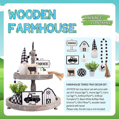 JOYYPOP Tiered Tray Decor, 9Pcs Farmhouse Decor with Artificial Plant, Wooden Sign and Beads Garland for Home Kitchen Decorations