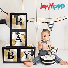 JOYYPOP Baby Boxes with Letters for Baby Shower, 4 Transparent Balloon Boxes with 16 Letters for Boys & Girls Birthday, Gender Reveal Decorations and Wedding Party(Black)