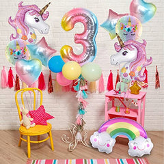 Unicorn Birthday Decorations for Girls, 10pcs Unicorn Balloons Set with Rainbow, Heart, Star and Number 3 Foil Balloons for 3rd Birthday Party Decorations