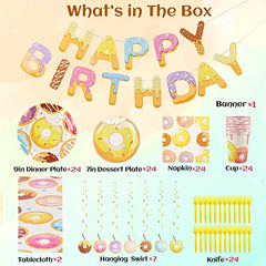 JOYYPOP Donut Birthday Party Supplies Serve 24, Including Paper Plates Napkins Cups Tablecloth Banner Swirl for Girls and Boys Donut Party Decorations