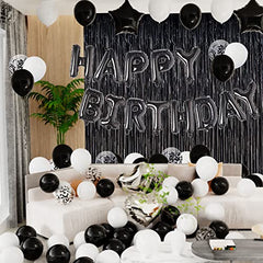 JOYYPOP Birthday Party Decorations Happy Birthday Balloons Banner with Black and White Balloons Set, Black Foil Fringe Curtain for Men Women Adults Birthday Party (Black）