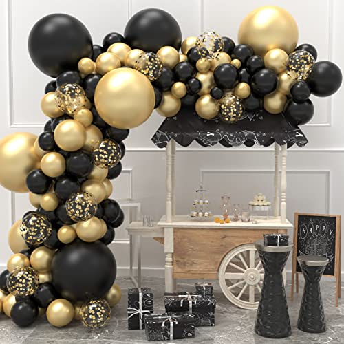 JOYYPOP Birthday Party Decorations Happy Birthday Balloons Banner with Black and White Balloons Set, Black Foil Fringe Curtain for Men Women Adults