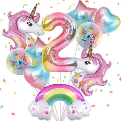 JOYYPOP Unicorn Birthday Decorations for Girls, 10pcs Unicorn Balloons Set with Rainbow, Heart, Star and Number 2 Foil Balloons for 2nd Birthday Party Decorations