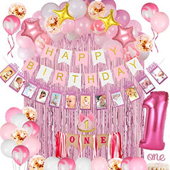 JOYYPOP Girl 1st Birthday Decorations 66PCS Pink 1st Birthday Decorations for Girls with 12 Months Photo Banner, 1st Birthday Baby Crown, Cake Topper, 1st Birthday Highchair Banner