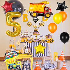 Construction Balloons for 5th Birthday Decorations for Boys with Number 5 Dump Truck Foil Balloon and Black Yellow Orange Latex Balloons for Construction Birthday Party Supplies