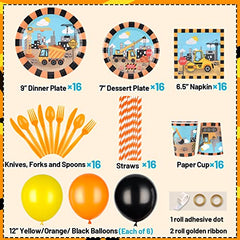 JOYYPOP Construction Birthday Party Supplies Serve 16, 157Pcs Construction Party Decorations with Plates, Cups, Forks, Knives, Spoons, Straws, Banners, Balloons and Construction Signs for Boys Kids Birthday