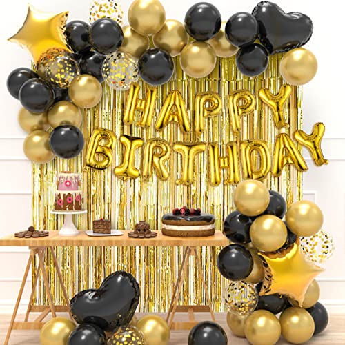 Black and Gold Birthday Decorations for Men Women, Black and Gold Party  Decorations Include Crown Hanging Swirls Curtains Tablecloth Cake Toppers