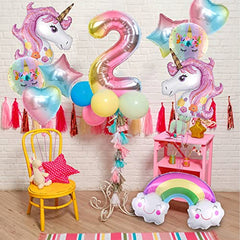 JOYYPOP Unicorn Birthday Decorations for Girls, 10pcs Unicorn Balloons Set with Rainbow, Heart, Star and Number 2 Foil Balloons for 2nd Birthday Party Decorations