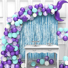 JOYYPOP Mermaid Balloon Garland Kit 121pcs with Mermaid Tail Foil Balloons, Light Blue Foil Fringe Curtain for Mermaid Ocean Theme Party Under The Sea Party Decorations(purple)