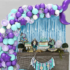 JOYYPOP Mermaid Balloon Garland Kit 121pcs with Mermaid Tail Foil Balloons, Light Blue Foil Fringe Curtain for Mermaid Ocean Theme Party Under The Sea Party Decorations(purple)