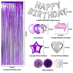 JOYYPOP Purple Birthday Decorations for Women or Girl,Purple Birthday Party Decorations with Happy Birthday Balloons,Happy Birthday Cake Topper, Paper Pompoms for Baby Shower Birthday Party