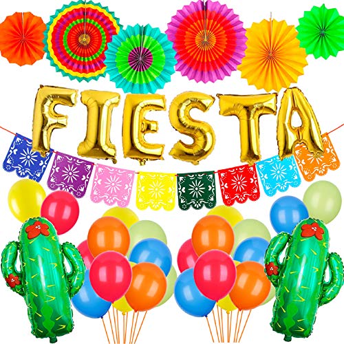 Mexican Themed Birthday Party Decorations Fiesta Party Supplies Taco Cactus  Foil Balloons Happy Birthday Banner Cake