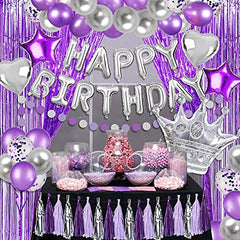 JOYYPOP Purple Birthday Decorations with Silver Crown Balloon,Silver Happy Birthday Balloons,Purple and Silver Tassel Garland,Foil Curtains for Birthday Party Decorations(Silver)