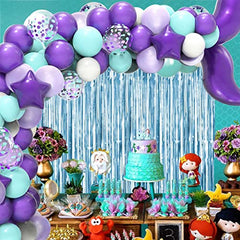 JOYYPOP Mermaid Balloon Garland Kit 121pcs with Mermaid Tail Foil Balloons, Light Blue Foil Fringe Curtain for Mermaid Ocean Theme Party Under The Sea Party Decorations(purple)