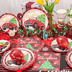 JOYYPOP Christmas Party Supplies Serve 25, Including Christmas Plates, Party Paper Cups, Napkins, Tablecloth and Christmas Banner for Christmas or Holiday Party, Total 103 PCS