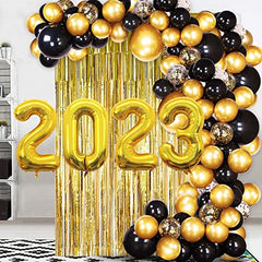 2023 Balloons Gold, New Years Eve Party Supplies 2023 with Black and Gold Balloons Garland , Foil Fringe Curtain for New Year Eve's party and Graduation Party