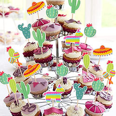 Fiesta Cupcake Toppers 28pcs Mexican Theme Cake Decorations, Taco Llama Sombrero Cactus for Summer Party Supplies