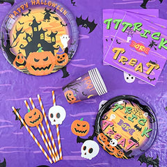 JOYYPOP Halloween Party Supplies Set, Disposable Tableware Set Including Plates, Cups , Napkins , Straw and Tablecloth, Halloween Decorations Like Balloons, Banner and Straw Decoration