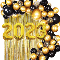 2023 Balloons Gold, New Years Eve Party Supplies 2023 with Black and Gold Balloons Garland , Foil Fringe Curtain for New Year Eve's party and Graduation Party