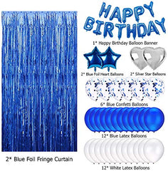 JOYYPOP Birthday Party Decorations Happy Birthday Balloons Banner with Blue and White Balloons Set, Blue Foil Fringe Curtain for Men Boy Kids Adults Birthday Party (Blue）