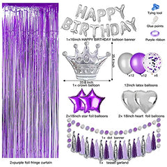 JOYYPOP Purple Birthday Decorations with Silver Crown Balloon,Silver Happy Birthday Balloons,Purple and Silver Tassel Garland,Foil Curtains for Birthday Party Decorations(Silver)