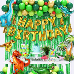 Dinosaur Birthday Party Decorations, 97Pcs Dinosaur Balloon Garland Arch Kit with Giant Dinosaur Foil Balloons and Green Foil Curtains for Dinosaur Dino Three Rex Birthday Party