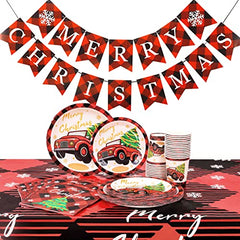 JOYYPOP Christmas Party Supplies Serve 25, Including Christmas Plates, Party Paper Cups, Napkins, Tablecloth and Christmas Banner for Christmas or Holiday Party, Total 103 PCS