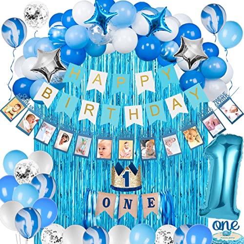 Baby Boy 1St Birthday Decorations BLUE Party Supplies for ONE Highchair  Banner Decorations,Royal Prince Crown,Happy Birthday Banner,12 Months Photo