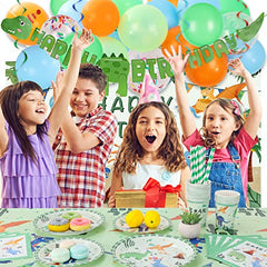 JOYYPOP Dinosaur Birthday Party Supplies Serves 16, 140 Pcs Dinosaur Party Decorations for Boys - Dinosaur Party Plates, Cups, Napkins and Hanging Swirls