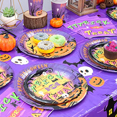 JOYYPOP Halloween Party Supplies Set, Disposable Tableware Set Including Plates, Cups , Napkins , Straw and Tablecloth, Halloween Decorations Like Balloons, Banner and Straw Decoration