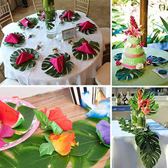 Luau Table Skirts for Hawaiian Party Decorations, Luau Party Supplies with 9ft Tropical Raffia Grass Table Skirt, Tiki Palm Leaves and Hibiscus Flowers (Gold)